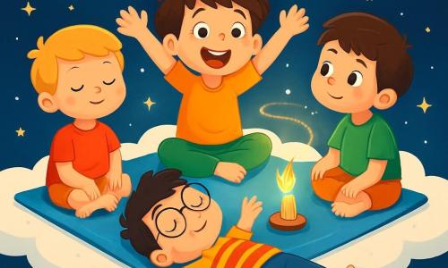 Há 4 crianças: - Tomás: um menino de 7 anos, com cabelo castanho bagunçado e olhos brilhantes. Ele está sentado de pernas cruzadas em um tapete mágico azul, com os braços levantados para o céu e um grande sorriso no rosto. - Lucas: um menino de 6 anos, com cabelo loiro e bochechas rosadas. Ele está ao lado de Tomás, com os olhos fechados, respirando profundamente, com uma expressão serena. - André: um menino de 8 anos, com cabelo preto e óculos redondos. Ele está deitado no tapete, com os braços estendidos, como um peixe flutuando na água. - Miguel: um menino de 7 anos, com cabelo castanho e uma camiseta verde. Ele está sentado em frente a Tomás, com as pernas cruzadas, olhando para o lago mágico com admiração. O local é uma grande nuvem branca, macia e fofinha, flutuando em um céu estrelado. Abaixo, um lago brilhante como um espelho, refletindo as estrelas cintilantes e os sonhos das crianças. A luz dourada de uma pequena vela dança ao redor deles, criando uma atmosfera tranquila e acolhedora. A cena principal mostra as crianças brincando de posturas de sono, cada uma adotando uma posição relaxante no tapete mágico, cercadas por uma luz suave e calmante, prontas para mergulhar em um mundo de sonhos encantadores.