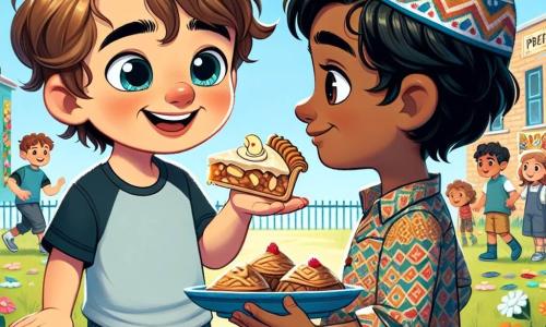 Un niño de 9 años, Lucas, con cabello castaño desordenado y ojos llenos de curiosidad, está en el centro de la imagen, sonriendo ampliamente mientras le ofrece un trozo de tarta de manzana a su amigo. Lleva una camiseta azul y un pantalón corto de mezclilla, y su rostro expresa una alegría contagiosa. A su lado, Amir, un niño de 9 años con piel ligeramente bronceada, cabello negro y una gorra colorida, mira a Lucas con una sonrisa tímida, sosteniendo un plato de baklava. Amir lleva una camisa de estampados y un pantalón beige, y se mantiene un poco atrás, pero su mirada está llena de amistad. El escenario es el patio de una escuela soleada, rodeada de flores coloridas y grandes árboles verdes. Niños juegan al fondo, y carteles culturales decoran las paredes de la escuela, añadiendo un toque festivo a la atmósfera. La situación principal muestra a Lucas y Amir compartiendo dulces de sus respectivas culturas, simbolizando su amistad y la belleza de la diversidad. Ambos niños están rodeados de un ambiente alegre, ilustrando la importancia de la inclusión y el respeto entre amigos.