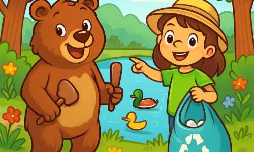 Un urs brun, pe nume Bruno, stă vesel pe marginea unui lac cristalin, cu un zâmbet larg pe fața sa expresivă. Are un blană moale și strălucitoare, ochi strălucitori de curiozitate și ține o mică lopată din lemn, pregătit să ajute la curățarea naturii. Lângă el, o fetiță cu părul castaniu, pe nume Elena, poartă un tricou verde aprins și o pălărie din paie. Zâmbește entuziast, ținând un sac de reciclare într-o mână și arătând cu degetul un grup de rațe care înoată liniștit în lac. Decorul este o pădure luxuriantă, cu copaci majestuoși cu frunze de un verde strălucitor, flori colorate care cresc pe malurile lacului și un cer albastru deschis presărat cu nori albi pufoși. Situația principală arată cum Bruno și Elena strâng deșeuri în jurul lacului, înconjurați de frumusețea naturii, ilustrând angajamentul lor de a proteja mediul și de a păstra acest ecosistem minunat.