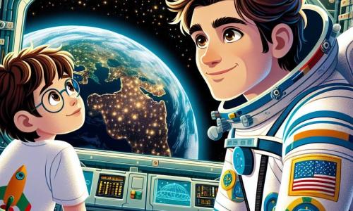 An astronaut, a man in his thirties with brown hair and sparkling eyes, floats in the International Space Station, wearing a white spacesuit adorned with colorful patches. He smiles, awed by the spectacular view of Earth below, with shimmering continents and oceans. Next to him, a 12-year-old boy named Oliver, with brown hair and round glasses, gazes in admiration through the window. He wears a t-shirt featuring a rocket and seems captivated by the stories the astronaut tells him. The scene takes place inside the space station, where the walls are filled with technological panels, cables, and windows offering breathtaking views of the starry blackness of space. The astronaut and Oliver share a magical moment, discussing the vastness of the universe and dreams of exploration, while Earth slowly rotates beneath them, creating an atmosphere of wonder and adventure.
