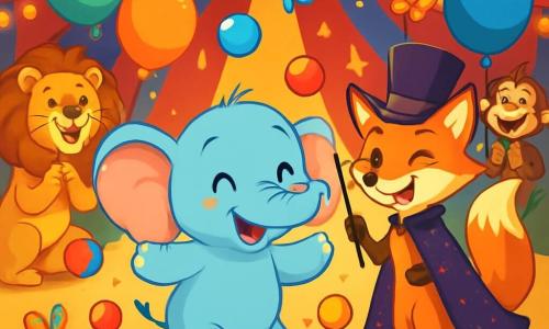 Um pequeno elefante alegre, chamado Bolota, com uma tromba longa e orelhas grandes como velas, dança no centro de uma grande tenda de circo. Seus olhos brilham de excitação e ele sorri amplamente, cercado por belos balões coloridos. Ao seu lado, uma elegante raposa com um chapéu alto e uma capa brilhante sorri com malícia, segurando uma varinha mágica. Ela parece orgulhosa e divertida, pronta para realizar um número mágico. Ao fundo, animais do circo, como um leão de pelagem dourada e um macaco travesso, aplaudem com entusiasmo, acrescentando à atmosfera festiva. A tenda é decorada com listras vermelhas e amarelas, iluminada por cordões de luzes cintilantes, criando uma atmosfera alegre e vibrante. Bolota tenta pegar bolas coloridas que pulam ao seu redor, enquanto borboletas voam no ar, adicionando um toque de magia a esta cena encantada do circo.