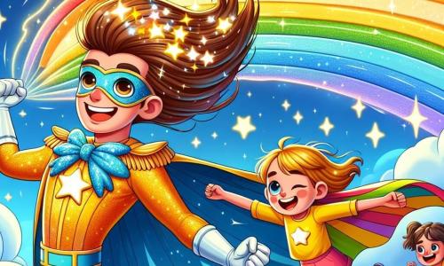 El personaje principal, el **Capitán Brillito**, es un hombre con cabello brillante como estrellas, vestido con un traje de colores vivos y una capa flotante. Muestra una amplia sonrisa, lleno de alegría y energía, mientras levanta los brazos al cielo, listo para compartir su magia. A su lado, **Luz**, una niña de unos 8 años, tiene largos cabellos dorados que brillan como un arcoíris. Está creando un hermoso arcoíris con sus manos, con ojos chispeantes de emoción. Un poco más lejos, **Rayo**, un niño de 7 años, corre rápidamente, con el cabello despeinado y una cara radiante de felicidad. Está saltando bajo el arcoíris, riendo a carcajadas. La escena transcurre en un cielo mágico, con nubes suaves y esponjosas, sobre un paisaje colorido. El cielo es de un azul brillante, salpicado de estrellas centelleantes, y el suelo está cubierto de flores multicolores que bailan con la brisa. La situación principal muestra al Capitán Brillito, Luz y Rayo jugando juntos, creando un arcoíris y compartiendo risas, ilustrando la alegría de la amistad y el poder de llevar felicidad a los demás.
