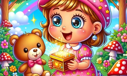O fetiță de 2 ani, Sara, cu ochi mari și strălucitori și un zâmbet larg, poartă o rochie frumoasă roz cu flori și o șapcă mică cu stele. Ea ține în brațe un urs de pluș maro, privind cu uimire o cutie strălucitoare pe care a descoperit-o sub ciuperci roșii și albe. Lângă ea, ursul de pluș pare fericit, cu o față zâmbitoare și brațele deschise, ca și cum ar împărtăși entuziasmul aventurii. Scena se desfășoară într-o grădină verde, plină de flori colorate și copaci mari, sub un cer albastru luminos, unde soarele strălucește blând, creând umbre dansante pe iarbă. Sara, plină de entuziasm, descoperă o comoară ascunsă, o mică cutie strălucitoare, înconjurată de ciuperci magice, și radiază de bucurie, pregătită să împărtășească descoperirea cu prietenul ei de pluș.