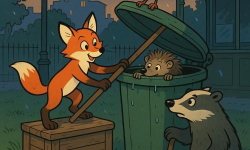 Filo, ein junger roter Fuchs mit glänzendem Fell und konzentriertem, mutigem Blick, steht auf einer abgenutzten Holzkiste, Vorderpfoten auf dem großen grünen Mülltonnendeckel, und hebt mit einem langen Holzbesen den rutschigen Rand; Mira, ein kleiner Igel mit struppigen Stacheln und etwas schmutzigem Schnäuzchen, schaut erleichtert und überrascht, schiebt den Kopf durch die Öffnung zwischen Deckel und Tonne, Krallen am Rand; Brumm, ein kompakter Dachs mit grau-schwarzen Streifen, wirkt misstrauisch aber aufmerksam, steht leicht zurückgelehnt mit einer großen Pfote auf einem stabilen Stock, bereit zu helfen; Keks, eine graue Taube mit glänzendem Gefieder, sitzt kokett auf dem Dach eines nahen Kiosks, schlägt mit den Flügeln und beobachtet; Schauplatz: eine Ecke eines kleinen Stadtparks in der Dämmerung mit nassem Gras, Papierfetzen und orangeem Laternenlicht; Szenerie: ein spannender, einfallsreicher Rettungsversuch — der mutige Fuchs befreit den im Mülleimer steckenden Igel mithilfe von Kiste und Besen, die anderen Tiere schauen und unterstützen, dynamische Komposition und sichtbare Emotionen.