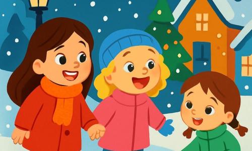 Er zijn 3 personages: - Lila: een 6-jarig meisje met lang bruin haar en sprankelende ogen. Ze draagt een felrode jas en een wollen sjaal. Ze staat links, glimlachend, hand in hand met Noor. - Noor: een 5-jarig meisje met krullend blond haar en een blauwe muts. Ze draagt een roze jas en witte handschoenen. Ze staat in het midden, vrolijk kijkend naar de vallende sneeuw. - Mira: een 4-jarig meisje met kastanjebruin haar en vlechten. Ze draagt een groene sneeuwoverall en gele laarzen. Ze staat rechts en steekt een kleine hand uit naar een vogel langs het pad. De locatie is een charmante besneeuwde buurt, met huizen met met sneeuw bedekte daken, verlichte lantaarns en kerstbomen versierd met fonkelende slingers. De sneeuw valt zachtjes en creëert een witte, donzige deken op de grond. Sneeuwvlokken dansen in de lucht en sterren beginnen te schitteren aan de nachthemel. De hoofdsituatie toont de drie meisjes die glimlachen en lachen terwijl ze kruimels koekjes aan een klein vogeltje op het pad aanbieden, omringd door de magie van Kerstmis.