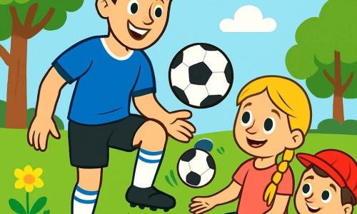 Ein lächelnder Mann, Max, ist ein professioneller Fußballspieler mit braunen Haaren und strahlenden Augen. Er trägt ein blaues Fußballtrikot und eine schwarze Shorts und zeigt einem kleinen Mädchen, Mia, wie man mit einem Fußball jongliert. Mia, ein 7-jähriges Mädchen mit langen, geflochtenen blonden Haaren, trägt ein pinkes T-Shirt und eine Jeansshorts. Sie sitzt auf dem Gras, konzentriert und amüsiert, und versucht, den Ball in der Luft zu halten. Neben ihnen schaut ein 6-jähriger Junge namens Tom mit braunen Haaren und einer roten Mütze bewundernd zu und ist bereit, mitzumachen. Der Ort ist ein grüner Park, voller bunter Blumen und majestätischer Bäume, unter einem klaren blauen Himmel mit einigen weißen Wolken. Die Szene spielt auf einem gut gepflegten Rasen, wo das Gras leuchtend grün ist. Die Hauptsituation zeigt Max, der Mia und Tom die Grundlagen des Fußballs beibringt, mit Lachen und Lächeln, was eine fröhliche und freundliche Atmosphäre schafft.