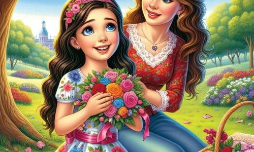 Una niña de 10 años, llamada Sofía, está en el centro de la imagen, con largos cabellos castaños y ojos brillantes de alegría. Lleva un vestido colorido con flores y una gran sonrisa en su rostro, sosteniendo un bonito picnic bajo un gran árbol. A su lado, su mamá, una mujer de unos 35 años, con cabello castaño y una expresión emocionada, admira un collar hecho a mano que su hija le ha regalado. Se encuentran en un parque verde, iluminado, con flores coloridas y un cielo azul salpicado de nubes blancas. La escena muestra a Sofía y su mamá compartiendo un momento tierno y alegre, rodeadas de su picnic sobre un bonito mantel a cuadros rojos.