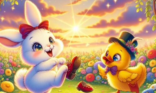 Un pequeño conejo de grandes orejas y pelaje blanco como la nieve, con ojos brillantes de emoción, está bailando alegremente en medio de un campo de flores coloridas, levantando una patita, intentando atrapar una estrella fugaz. Cerca, un pato de plumaje amarillo brillante, con un sombrero extravagante en la cabeza, observa con una sonrisa divertida, sus ojos redondos brillando de travesura, mientras sostiene una taza de té con sus alas. El escenario es un hermoso campo en plena floración, bañado por la luz dorada del sol poniente, donde flores multicolores ondean suavemente con la brisa ligera, creando una atmósfera alegre y mágica. La situación principal muestra al conejo celebrando el descubrimiento de su zapato rojo, bailando con entusiasmo, mientras el pato lo anima con entusiasmo, rodeados por la belleza de la naturaleza y el espíritu de la amistad.