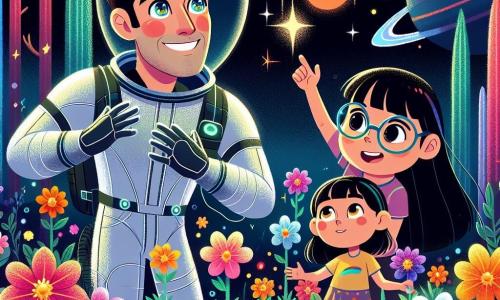 Un hombre llamado Esteban, con cabello castaño y ojos brillantes de curiosidad, lleva un traje espacial brillante. Sonríe maravillado mientras explora un planeta colorido, rodeado de flores luminosas. A su lado, una niña llamada Luna, de unos 10 años, con cabello largo y negro, lleva gafas futuristas y observa fascinada un árbol que habla. El lugar es un mundo fantástico, donde árboles de troncos multicolores se elevan hacia un cielo estrellado, y flores brillantes bailan al ritmo de una suave brisa. La escena principal muestra a Esteban y Luna jugando alegremente con las flores y los árboles, descubriendo juntos la magia de este nuevo universo.