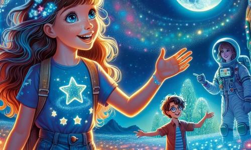 En primer plano, una niña de 12 años, Valeria, con largos cabellos castaños y ojos llenos de curiosidad, observa asombrada a un extraterrestre amigable. Lleva una camiseta azul con estrellas y un short de mezclilla. Su rostro expresa una intensa alegría y fascinación por lo desconocido. A su lado, Lucas, un niño de 12 años con una gorra de astronauta y gafas, sonríe entusiasmado señalando el cielo estrellado. Un poco más lejos, Sofía, una niña de 11 años con cabello rizado y mirada decidida, ajusta su pequeño telescopio, lista para observar las maravillas del universo. La escena tiene lugar en el planeta Luminara, un mundo mágico donde los árboles brillan con luz fosforescente y las flores luminosas bailan suavemente en la brisa nocturna. El cielo está salpicado de estrellas brillantes y una gran luna colorida, creando una atmósfera mágica. La situación principal muestra a Valeria, Lucas y Sofía conversando con Xelak, un extraterrestre de escamas brillantes, quien les explica las maravillas de su mundo. Los niños están cautivados, rodeados de paisajes encantadores, mientras destellos de luz flotan a su alrededor, simbolizando la magia de su encuentro intergaláctico.