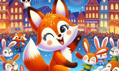 An illustration depicts a joyful fox with bright orange fur and a bushy tail, dancing enthusiastically in a bustling town square. Its eyes sparkle with happiness and a big smile lights up its face. Nearby, a group of large-eared, soft-furred rabbits, all smiling and playful, jump and dance in rhythm. A wise owl perched on a branch watches the scene with an amused smile, its round glasses slipping slightly down its nose. The setting is a central square decorated with thousands of twinkling lights and colorful garlands. Stars shine in the night sky, and fireworks burst in the background, lighting up the night with vibrant colors. The main scene shows the fox dancing like a "crazy goose" in the New Year's celebration, surrounded by animal friends sharing laughter and fun resolutions. Additional elements include floating balloons, festive decorations hanging from trees, and animals of various species, all united in the joy and excitement of the New Year's celebration.