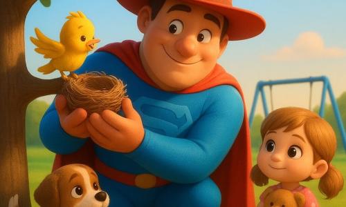 A smiling, kind superhero in a shiny blue costume with a silky cape and large red hat gently returns a bird's nest to a branch on a green lawn; a small bright yellow fluffed bird with partly open wings perches nearby watching with gratitude; a brown-and-white fluffy puppy wags its tail at the hero's knees as if just rescued from a puddle; a little girl of about four in a pink polka-dot dress with pigtails holds her rescued teddy, standing near blue metal swings and gazing admiringly; park daytime with a thick-trunked tree with round leaves, clear blue sky with soft clouds, warm sunset light, saturated colors and soft rounded shapes.