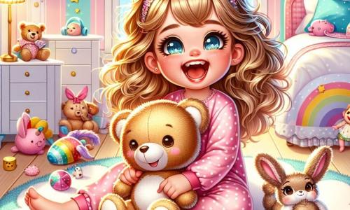 Una bambina di 2 anni, Sofia, con grandi occhi scintillanti e capelli ricci dorati, ride felice seduta su un tappeto morbido a forma di nuvola. Indossa un pigiama rosa a pois e tiene un orsetto di peluche tra le braccia, il suo viso splendente di gioia e malizia. Accanto a lei, un adorabile coniglio di peluche, con orecchie lunghe e morbide, sembra pronto a saltare, i suoi occhi brillano di eccitazione. Un po' più in là, una bella bambola con capelli castani e un vestito colorato è sdraiata sul pavimento, con un sorriso birichino. La scena si svolge in una camera accogliente, decorata con muri pastello, stelle scintillanti appese al soffitto e giocattoli sparsi. Un letto comodo con lenzuola a tema unicorno si trova in un angolo, aggiungendo un tocco magico all'atmosfera. Sofia gioca a nascondino con i suoi peluche, ridendo mentre l'orsetto di peluche appare da sotto il letto, sorprendendo la bambina con un "Buh!" gioioso. L'atmosfera è piena di risate e tenerezza, creando un momento divertente e confortante prima di andare a letto.