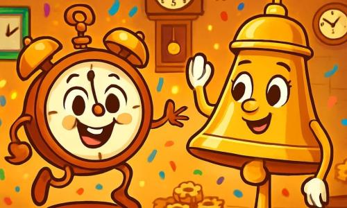 Tic, un pequeño reloj de mesa con una esfera redonda y agujas brillantes, muestra una gran sonrisa alegre. Sus ojos brillantes y sus manivelas juguetonas reflejan su emoción mientras baila sobre un pequeño taburete, rodeado de guirnaldas centelleantes. A su lado, Doña Sonería, una elegante campana suiza de metal dorado, se sostiene orgullosa, con ojos chispeantes de felicidad. Agita su brazo en forma de campana, lista para dar las doce. El decorado es la sala principal de la Torre de los Minutos, adornada con guirnaldas de engranajes dorados y luces de colores que brillan. Relojes de todas las formas y tamaños cuelgan de las paredes, creando un ambiente festivo y cálido. La escena principal muestra a Tic y sus amigos celebrando la fiesta de Año Nuevo, rodeados de brillantes confeti y pasteles en forma de engranajes, listos para recibir el nuevo año con risas y cantos alegres.