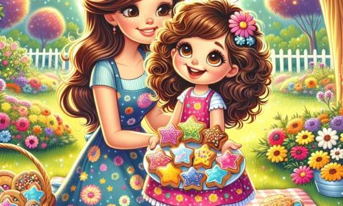An 8-year-old girl named Lily, with curly brown hair and sparkling joyful eyes, stands at the center of the image, a big smile on her face. She wears a colorful apron that is a bit too big for her and holds a plate filled with star-shaped cookies decorated with colorful sprinkles. Next to her is her mother, a woman in her thirties with long brown hair and a gentle gaze. She is kneeling, admiring her daughter's work, with a touched smile on her lips. The setting is a sunny garden filled with brightly colored flowers, with a large tree providing welcoming shade. A checkered tablecloth is spread on the grass, surrounded by picnic baskets and floating balloons. The main scene shows Lily and her mother celebrating Mother's Day, surrounded by an atmosphere of joy and love as they share a special moment filled with laughter and treats.