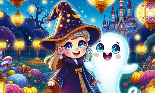 Osiemletnia dziewczynka o imieniu Marta stoi w centrum obrazu, ubrana w czarny kostium czarownicy z dużym stożkowym kapeluszem. Jej twarz rozświetla zachwycony uśmiech, a oczy błyszczą ciekawością i ekscytacją, gdy odkrywa magiczny świat. Obok niej unosi się mały duch o imieniu Franuś, z przyjazną twarzą i iskrzącymi oczami. Jest przezroczysty i lekko lśni, dodając scenie odrobinę magii. Tło to zaczarowany ogród, wypełniony kolorowymi latarniami świecącymi w noc Halloween, z drzewami o złotych liściach i świecącymi kwiatami. W oddali wznosi się wielki zamek z cukierków, z murami z krówki i czekoladowymi dachami. Marta i Franuś wspólnie eksplorują ten bajkowy ogród, otoczeni fantastycznymi stworzeniami i słodkościami, przygotowując się do niezapomnianej przygody pod gwiaździstym niebem.