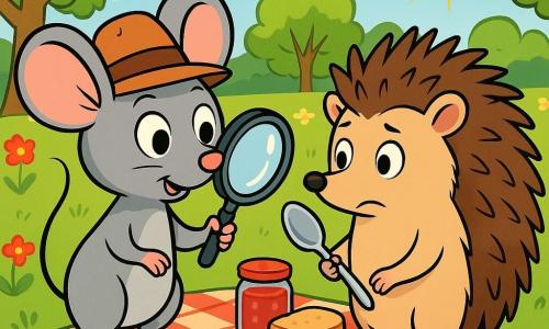 Milo, a small mouse wearing a felt hat and holding a magnifying glass, stands on his hind legs with bright eyes full of excitement and curiosity. His soft gray fur and large attentive ears are prominent. Next to him, Hattie, a small hedgehog with brown spines and round eyes, looks on with a mix of nervousness and determination, delicately holding a silver spoon in her tiny paws. In the background, a sunny park is filled with colorful flowers and green trees. A picnic is spread out on a checkered blanket, featuring jars of jam and pieces of bread. The scene depicts Milo and Hattie solving the mystery of the missing spoon, surrounded by an air of adventure and camaraderie, with sunlight filtering through the leaves.
