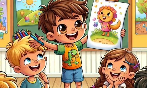 Um garoto de 8 anos, Lucas, está no centro da imagem, com cabelos castanhos bagunçados e olhos brilhantes de curiosidade. Ele usa uma camiseta colorida com um desenho de dinossauro e um short azul, sorrindo alegremente enquanto segura lápis de cor nas mãos. Ao lado dele, uma menina de 7 anos, Ana, com tranças e um grande sorriso, o incentiva levantando um desenho que admira, mostrando seu entusiasmo. Ao fundo, uma sala de aula iluminada com paredes amarelas e cartazes coloridos sobre natureza e arte, cheia de mesas de madeira e cadeiras. Lucas está apresentando seus desenhos aos colegas durante a festa de talentos, cercado por crianças que o ouvem com admiração, criando uma atmosfera de alegria e aceitação.