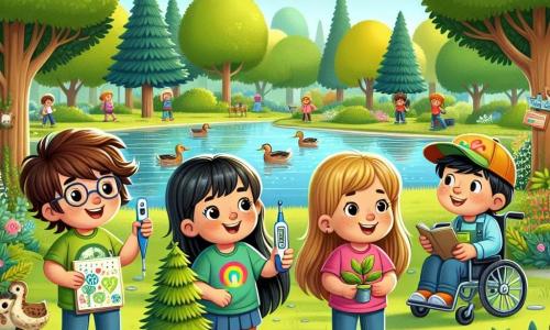 No centro da imagem, quatro amigos estão juntos em um parque verdejante. À esquerda, Lucas, um garoto de 12 anos com cabelos castanhos bagunçados e óculos, sorri segurando um termômetro. À sua direita, Ana, uma menina de 11 anos com cabelos longos e loiros, usa uma camiseta colorida e agita um cartaz sobre a mudança climática. Um pouco atrás, Miguel, um garoto de 12 anos com cabelos negros e um boné, observa uma árvore enquanto faz anotações em um caderno. Por fim, à direita, Sofia, uma menina de 11 anos em cadeira de rodas, com cabelos castanhos e óculos, sorri alegremente segurando uma pequena planta. O parque é cheio de árvores majestosas, com um lago brilhante ao fundo, onde alguns patos nadam tranquilamente. O céu é azul com algumas nuvens brancas e flores coloridas cercam o caminho. Os amigos estão organizando um dia de limpeza e plantio de árvores, determinados a conscientizar os outros sobre a proteção do meio ambiente, exibindo sorrisos entusiasmados e prontos para fazer a diferença juntos.