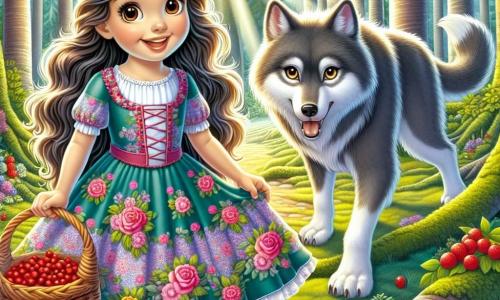 Osiemletnia dziewczynka Zosia z długimi brązowymi włosami i błyszczącymi z ciekawości oczami stoi na środku słonecznej polany z szerokim uśmiechem na twarzy. Ma na sobie kolorową sukienkę w kwiaty i trzyma koszyk z pysznymi jagodami. Obok niej stoi duży szary wilk z błyszczącym futrem i łagodnymi oczami, w przyjaznej postawie, pokazując, że nie jest złym wilkiem, jak się powszechnie sądzi. Sceneria to magiczny las z majestatycznymi drzewami o grubych pniach, wibrującymi zielonymi liśćmi i promieniami słońca filtrującymi przez liście, tworzącymi grę cieni i światła na pokrytej mchem ziemi. Główna sytuacja pokazuje Zosię i wilka dzielących radosny moment, Zosia radośnie się śmiejąc, podczas gdy wilk pokazuje jej tajemną ścieżkę do miejsca pełnego jeszcze większych i słodszych jagód.