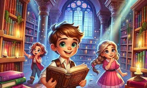 Ośmioletni chłopiec Kacper z rozwichrzonym brązowym włosami i błyszczącymi z ciekawości oczami stoi pośrodku biblioteki. Na jego twarzy widnieje szeroki uśmiech, gdy otwiera grubą, starą książkę. Obok niego stoi jego sześcioletnia siostra Zosia z długimi warkoczami blond włosów i różową sukienką, która patrzy na mapę, która wypadła z książki, jej oczy błyszczą z zachwytu. Nieco dalej ich przyjaciel Tomek, ośmioletni chłopiec z brązowymi włosami i okrągłymi okularami, pochyla się nad półką, szukając innych wskazówek. Biblioteka jest przestronna, z wysokimi sufitami i drewnianymi półkami wypełnionymi kolorowymi książkami. Promienie światła wpadają przez duże okna, oświetlając kurz w powietrzu, tworząc magiczną i tajemniczą atmosferę. W tej głównej scenie Kacper, Zosia i Tomek odkrywają starą mapę i tajemniczą wiadomość, gotowi rozpocząć swoją przygodę detektywistyczną.