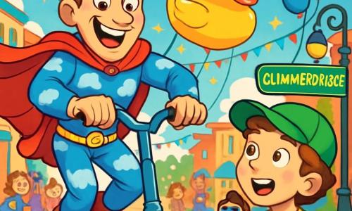 A man named Felix Fizzlebop, with a bright smile and sparkling mischievous eyes, wears a vivid red cape and a blue costume with cloud patterns. He stands on a shiny scooter, ready to leap with an expression of excitement and determination. Beside him, an 8-year-old boy with curly hair and a green cap looks at Felix with admiration, wide-eyed, holding a small superhero figurine. In the background, a lively street in Glimmerbridge is decorated with colorful streetlights, singing traffic signs, and floating balloons, creating a festive atmosphere. The main scene shows Felix joyfully dancing in the middle of a colorful parade, surrounded by twinkling lights and children's laughter, as a huge smiling duck balloon rises into the sky.
