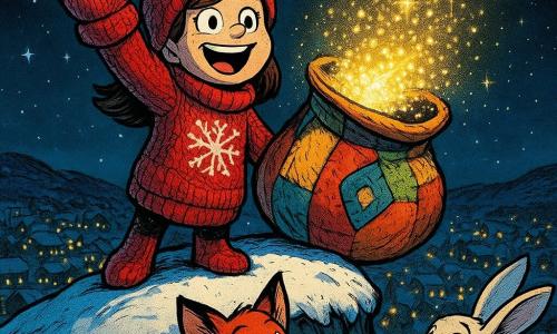 Mabel, a talking red mitten, stands atop a snowy hill, her expression beaming with joy and accomplishment. She is made of thick wool with snowflake patterns. Next to her, Jingle, a large multicolored bag with patches and a glowing aura, opens to release a shower of sparkling lights. Félix, a fox with a red coat and a mischievous look, watches the scene in wonder, standing slightly back. Lila, a white rabbit with large ears, stands near Félix, her eyes wide with surprise and happiness. The hilltop is covered with sparkling snow, offering a panoramic view of the village below, illuminated by golden lights and bright stars in the night sky. The scene captures the magical moment when the lights descend on the village, creating a fairy-tale and festive atmosphere.