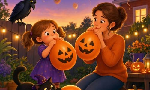 A 4-year-old girl with a round face and rosy cheeks, light brown hair in pigtails, delighted expression, energetically blowing up a large orange pumpkin-faced balloon; her mother, about 30–35, with tied brown hair and a gentle smile, stands beside her inflating another orange balloon and watching proudly; a fluffy black cat named Shadow wearing a small purple witch hat nudges the girl's feet and bats at the balloon; a curious raven perches on a wooden fence watching the floating balloons; backyard at dusk with green lawn, string lights and decorated pumpkins on a wooden table, blurred brick house in the background; warm, welcoming childlike scene with floating orange pumpkin balloons, a few rising into the twilight sky, warm colors (orange, purple, yellow), soft textures and rounded shapes.