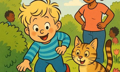 A joyful 2-year-old boy with a round face, rosy cheeks, tousled blond hair and bright eyes leans to pick up a small shiny red ball hidden behind a round bush; his smiling, warm mother (about 30) with chestnut hair in a ponytail stands a few steps away with hands on her hips, watching proudly; a beige-and-brown striped tabby cat named Whiskers with long whiskers sits by the bush with its tail up as if indicating the ball; the sunny garden has a dense green lawn, yellow marguerites and pink tulips, scattered toys and soft late-afternoon light, and the scene shows the boy’s triumphant, joyful expression and playful movement with clear composition, vivid colors and a tender, playful mood.