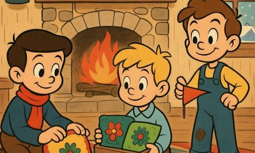 Three 8-year-old boys: Tom, brown hair neatly combed, red scarf, kneeling left and arranging an embroidered cushion by a painted hearth; Sam, blond hair tousled, gentle smile, seated center holding a wooden box of cushions; Ben, chestnut hair, slightly soiled overalls, standing right holding a repaired paper pennant toward a cushion. Inside a village parlor with a painted mantel showing stylized red and yellow flames, light wood walls, holly garlands and glass lanterns, a thick geometric rug, and a frosted window revealing snowy roofs. The boys place three small colorful cushions in a semicircle before the hearth; the scene is warm and quiet—soft lantern and candle light with reds, golds and greens contrasting the pale blue outside—Ben replaces the blown pennant while Tom adjusts a cushion and Sam watches over the box.