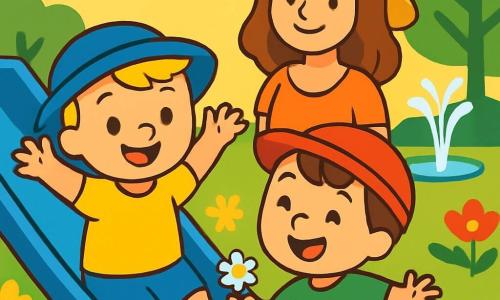 Er zijn 3 personages: - Tom: een 2-jarig jongetje met blond haar en sprankelende ogen. Hij draagt een blauwe hoed en een gele t-shirt. Hij staat links, glimlachend met zijn armen in de lucht. - Bas: een 2-jarig jongetje met bruin haar en nieuwsgierige ogen. Hij draagt een rode hoed en een groene t-shirt. Hij staat rechts van Tom, lachend en met een bloemetje in zijn hand. - Mama: een vrouw, de moeder van Tom en Bas, ongeveer 30 jaar oud, met kastanjebruin haar en een warme glimlach. Ze draagt een lichte jurk en een strohoed. Ze staat achter de jongens en kijkt hen teder aan. De locatie is een zonnig park vol kleurrijke bloemen: gele, rode en paarse bloemen. Er is een grote glijbaan van glanzend blauw in het midden, omringd door groen. Op de achtergrond is er een fontein die zachtjes spettert, en majestueuze bomen bieden schaduw. De belangrijkste situatie toont Tom en Bas die samen van de grote glijbaan glijden, met stralende gezichten van vreugde. Ze zijn omringd door schitterende bloemen en gelach, terwijl Mama hen met een gelukkige glimlach observeert.