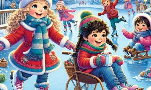 In een betoverend winterlandschap zijn vier kinderen samengekomen op een bevroren meer. Emma, een 10-jarig meisje met blond krullend haar, draagt een felrode jas en kleurrijke handschoenen. Ze glijdt vrolijk over het ijs met haar armen in de lucht. Naast haar staat Sam, een 9-jarige jongen met rommelig bruin haar, gekleed in een blauwe sjaal en een muts. Hij maakt aarzelende bewegingen maar glimlacht terwijl hij probeert zijn balans te houden. Lotte, een 10-jarig meisje met steil kastanjebruin haar, zit op een slee en lacht hard terwijl ze een dampende warme chocolademelk vasthoudt. Ten slotte is er Noor, een 11-jarig meisje in een rolstoel met gevlochten zwart haar, die een roze winteroverall draagt. Ze heeft plezier met glijden over het ijs met schaatsen aan haar rolstoel.

De omgeving is betoverend: het meer is omringd door majestueuze dennen bedekt met glinsterende sneeuw, en de lucht is helderblauw met zacht vallende sneeuwvlokken. In de verte torent een grote besneeuwde berg majestueus boven het landschap uit, wat de magie van de scène versterkt.

De kinderen hebben samen plezier, lachen en spelen op het ijs, en creëren onvergetelijke herinneringen tijdens hun winterdag.