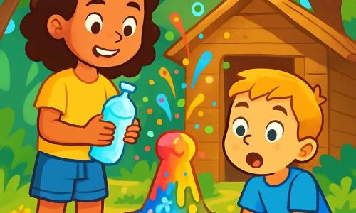 Er zijn 2 hoofdpersonages: - Emma: een 9-jarig meisje met krullend kastanjebruin haar, gekleed in een gele t-shirt en een spijkerbroekshort. Ze staat rechtop, glimlachend, met een fles stikstof in haar hand terwijl ze de reactie van hun experiment observeert. - Lucas: een 9-jarige jongen met kort blond haar, gekleed in een blauwe t-shirt en een korte broek. Hij zit naast Emma in de hurkzit, met grote ogen van verbazing terwijl hij kijkt naar de mini-vulkaan die overloopt met kleurrijke schuim. Hun geheim speelt zich af in een klein huisje in het hart van een groene bos, omringd door majestueuze bomen met schitterende bladeren. De grond is bedekt met bladeren en wilde bloemen, en een zonnestraal valt door de takken, waardoor hun werkruimte verlicht wordt. De belangrijkste situatie toont Emma en Lucas die bezig zijn met een wetenschappelijk experiment, met een mini-vulkaan gemaakt van een plastic fles die overloopt met kleurrijk schuim. Bellen barsten en kleuren spatten, wat een vrolijke en magische sfeer creëert.