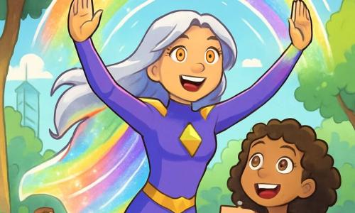 Uma jovem mulher, Lira, é representada como super-heroína, Prisma. Ela tem longos cabelos prateados que flutuam ao vento, olhos dourados brilhando de determinação e uma capa feita de luz líquida que brilha ao seu redor. Sua expressão é alegre e confiante, pronta para defender sua cidade. Ao seu lado, Manu, uma menina de 8 anos com cabelos cacheados e um grande sorriso, segura um robô de papel que construiu. Ela olha para Prisma com admiração, os olhos arregalados de espanto. A cena acontece em um parque vibrante de cores, com árvores de folhas verdes brilhantes, flores multicoloridas e crianças brincando ao redor. Ao fundo, edifícios futuristas com fachadas brilhantes se erguem sob um céu azul claro. A situação principal mostra Prisma levantando os braços, criando um escudo de luz para proteger as crianças do parque, enquanto Manu a incentiva com entusiasmo, ilustrando o espírito de equipe e coragem.