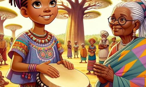 Amani, uma jovem africana de 12 anos, está no centro do palco, com olhos brilhantes de determinação e um grande sorriso no rosto. Ela usa um vestido colorido de tecido tradicional, adornado com padrões vibrantes, e segura um tambor de madeira em suas mãos, pronta para tocar. Ao seu lado, Mzee Nia, uma mulher de 70 anos com cabelos grisalhos trançados e um rosto enrugado de sabedoria, a observa com orgulho, de braços cruzados, vestida com um vestido de pagne de padrões geométricos. Mais adiante, um grupo de moradores da aldeia, homens e mulheres de várias idades, se reúne ao redor, cativado pela cena. O cenário é de uma clareira ensolarada, cercada por majestosos baobás e flores coloridas, onde os raios de sol filtram através das folhas, criando uma atmosfera calorosa e acolhedora. A principal situação mostra Amani, pronta para tocar o tambor, reunindo os moradores para celebrar a música e a unidade de sua comunidade, simbolizando a harmonia entre as diferentes culturas.