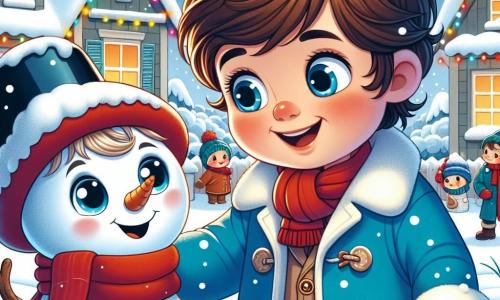 Um menino de 4 anos, Lucas, com cabelos castanhos bagunçados e bochechas rosadas, veste um casaco azul vibrante e um gorro vermelho. Ele tem um grande sorriso no rosto, cheio de admiração, enquanto olha para um boneco de neve mágico. O boneco de neve, chamado Nevildo, tem olhos de botões brilhantes e um sorriso largo. Ele usa um cachecol vermelho e um chapéu alto. Ele está ao lado de Lucas, segurando sua mão com ternura. A cena se passa em uma pequena aldeia coberta de neve, onde as casas estão decoradas com luzes coloridas. A neve cai suavemente, cobrindo o chão com um tapete branco brilhante, enquanto flocos dançam no ar. Lucas e Nevildo estão fazendo bolas de neve para oferecer aos moradores da aldeia. Lucas ri alegremente, enquanto Nevildo o encoraja com um olhar cúmplice, criando uma atmosfera festiva e acolhedora.