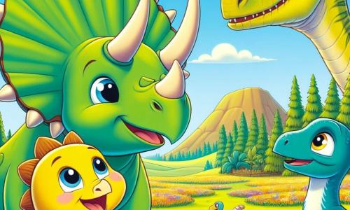 Un triceratops llamado Tito, con una piel verde brillante y tres cuernos afilados en su cabeza, se encuentra alegremente en el centro de la escena, con una gran sonrisa que expresa orgullo y emoción. A su lado, un pequeño velociraptor llamado Leo, con plumas amarillas y ojos brillantes, mira a Tito con admiración, listo para escucharlo. Al fondo, un majestuoso brontosaurio, con un largo cuello y piel azul, se inclina para escuchar la conversación, añadiendo un toque de sabiduría a la escena. El decorado es una amplia llanura soleada, salpicada de flores coloridas y grandes árboles verdes, con suaves colinas en el horizonte. La situación principal muestra a Tito y sus amigos reunidos para una gran reunión, donde discuten alegremente un plan para vivir en armonía, rodeados de risas y un ambiente festivo.