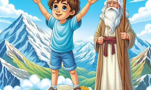 No topo de uma majestosa montanha, um garoto de 10 anos, Miguel, está de pé, com os braços levantados para o céu e um grande sorriso no rosto. Ele tem cabelos castanhos bagunçados, olhos brilhantes de curiosidade e usa uma camiseta azul e um short de jeans. Sua expressão irradia orgulho e alegria, simbolizando seu sucesso após uma longa jornada. Ao seu lado, um velho sábio com uma longa barba branca e óculos redondos, aparentando cerca de 70 anos, observa Miguel com um sorriso benevolente. Ele está vestido com uma túnica simples e segura um bastão de madeira, um pouco atrás, como um mentor admirando seu aluno. O cenário ao redor é deslumbrante: montanhas com picos nevados se erguem no horizonte, enquanto nuvens fofas flutuam suavemente em um céu azul brilhante. Flores coloridas e árvores verdes adornam o flanco da montanha, criando um quadro vivo e sereno. A cena principal mostra Miguel, após superar desafios, celebrando sua vitória no topo da montanha, percebendo que aprendeu lições valiosas sobre a vida e a resiliência.