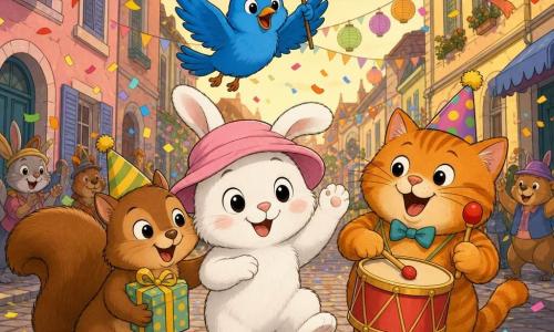 A small white rabbit with big round eyes, shyly smiling and wearing a soft pink hat, hops and raises a paw as a bright blue bird flies overhead waving a colorful banner; to the rabbit’s right a round, joyful ginger cat beats a red drum and to the left a small brown squirrel hugs the rabbit while holding a gift, all on a cobbled carnival street lined with pastel houses, paper garlands, multicolored bunting, hanging lanterns and drifting confetti in warm late-afternoon light, forming a cheerful, colorful parade where the rabbit discovers its pink hat amid friends dancing, making music and tossing confetti.