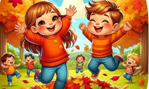 Una niña de 4 años, Clara, con largos cabellos castaños y ojos brillantes de alegría, salta en una pila de hojas de otoño coloridas, con las mejillas sonrojadas por la emoción. Lleva un suéter naranja brillante y pantalones de mezclilla, y ríe de felicidad, con los brazos levantados. A su lado está su amigo Tomás, un niño de 5 años con el cabello rubio desordenado y una sonrisa radiante. Sostiene una gran hoja roja en su mano, listo para lanzarla al aire, riendo con Clara. El escenario es un parque en otoño, con árboles majestuosos de hojas amarillas, naranjas y rojas, y un cielo azul claro con nubes blancas. El suelo está cubierto de una gruesa capa de hojas crujientes que crean una alfombra colorida. La situación principal muestra a Clara y Tomás divirtiéndose juntos, saltando alegremente en la pila de hojas, rodeados de otros niños que ríen y juegan, creando una atmósfera festiva y cálida.