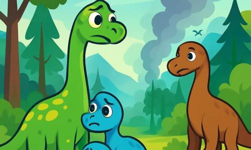Dippa, een jonge diplodocus met een lange, gracieuze nek en een groene huid met gele vlekken, staat aan de rand van een open plek. Haar grote ogen stralen bezorgdheid en nieuwsgierigheid uit terwijl ze naar de rokende bomen kijkt. Naast haar staat haar kleine broertje Dipo, een nog kleinere diplodocus met een lichtblauwe vacht, die bang lijkt en zich tegen zijn grote zus drukt. Hun moeder, Dina, een majestueuze diplodocus met een bruine huid en zachte ogen, staat iets op afstand en kijkt bezorgd naar de situatie. De plek is een groene vallei omringd door imposante bergen, met hoge, loofrijke bomen en een lichte nevel in de lucht. In de verte stijgen rookpluimen op uit de bomen, wat een mysterieuze en verontrustende sfeer creëert. Dippa, vastberaden en moedig, besluit de bron van het vreemde geluid en de rook te verkennen om haar familie te beschermen, terwijl Dipo aarzelend volgt en Dina hen met een moederlijke bezorgdheid in de gaten houdt.
