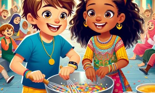 Um garoto de 10 anos, Lucas, com cabelos castanhos bagunçados e olhos brilhantes de curiosidade, sorri alegremente enquanto mistura ingredientes coloridos em uma grande tigela. Ele usa uma camiseta azul e um short amarelo, e seu rosto expressa a excitação e a alegria de descobrir novas culturas. Ao seu lado, Samira, uma menina de 9 anos com cabelos negros e cacheados, e pele caramelo, está mostrando a ele como moldar doces marroquinos. Ela usa um vestido colorido adornado com padrões tradicionais e seu sorriso radiante demonstra seu entusiasmo. Ao fundo, o centro cultural é decorado com bandeiras de todo o mundo, com mesas cheias de pratos típicos de diferentes culturas. Crianças de diversas origens, algumas com roupas tradicionais, dançam e riem, criando uma atmosfera festiva e acolhedora. A cena principal mostra Lucas e Samira preparando doces juntos, cercados de amigos que descobrem a beleza da diversidade através da culinária e da dança, ilustrando assim a unidade e a alegria de compartilhar tradições.
