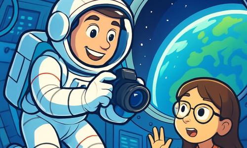 Un astronauta hombre, sonriente y decidido, flota en una estación espacial, vestido con un traje espacial blanco con detalles azules y rojos. Sus ojos brillan de emoción mientras ajusta una cámara para capturar la belleza de la Tierra abajo. Cerca, una niña de 10 años, Lía, con cabello castaño y gafas, observa con asombro a través de una ventanilla, con las manos apoyadas en el cristal, llena de curiosidad. El lugar es una cabina de la estación espacial, llena de paneles luminosos, pantallas que muestran datos y cables flotantes, todo iluminado por una suave luz azulada. La escena principal muestra al astronauta tomando fotos de la Tierra, mientras Lía, fascinada, le hace preguntas sobre el espacio, creando una atmósfera de aventura y aprendizaje.