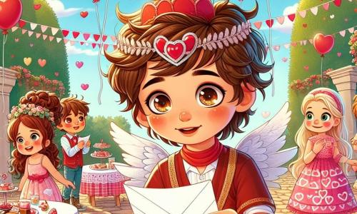 Un niño de 10 años, Manuel, con el cabello castaño desordenado y ojos llenos de curiosidad, lleva un disfraz de cupido hecho en casa con alas de cartón y una diadema en forma de corazón. Sonríe ampliamente, sosteniendo una carta brillante en sus manos, listo para entregarla. A su lado, Sofía, una niña de 9 años con cabello largo y ondulado, vestida con un vestido rosa con motivos de corazones, mira la carta con ojos asombrados, sonriendo tímidamente. Lucas, un niño de 10 años con cabello rubio y gafas, se encuentra un poco más lejos, con las mejillas sonrojadas de timidez, observando a Sofía con emoción e incertidumbre. La escena tiene lugar en un parque soleado, decorado con globos rojos y rosas, mesas llenas de dulces y niños jugando, creando una atmósfera alegre y festiva. Manuel, como cupido, está a punto de entregar la carta de amor a Sofía, que está ansiosa por descubrir el mensaje para Lucas, mientras este último, nervioso, espera la reacción de Sofía, creando un momento mágico y lleno de anticipación.