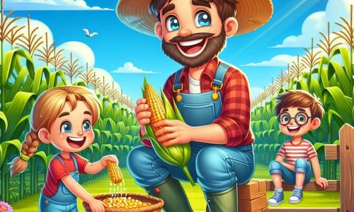 A man, Farmer Ben, smiling and cheerful, wears a large straw hat and rubber boots. He has a brown beard and sparkling eyes full of happiness. He is picking golden ears of corn in a green field. Next to him, an 8-year-old girl with braided blonde hair wears a red t-shirt and denim shorts. She laughs while holding an ear of corn in her hands. A 7-year-old boy, with glasses and messy brown hair, sits on a wooden fence, watching Farmer Ben with a big smile. The setting is a vast cornfield under a bright blue sky with fluffy white clouds. Tall, lush rows of corn and some colorful wildflowers add life to the landscape. The main scene shows Farmer Ben and the children joyfully harvesting corn, happily filling a wicker basket while the sun shines on their happy faces.