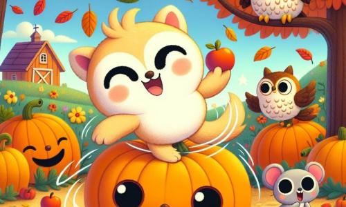 An illustration depicts a small round and fuzzy character with a joyful smile and sparkling eyes, spinning around in a pumpkin patch. Next to him, a wise owl with brown feathers and large round eyes watches with amusement from a tree branch. A small gray mouse with big ears and a curious expression stands near the pumpkins, nibbling on a small apple with delight. The main setting is a colorful farm surrounded by trees with vibrant red, yellow, and orange leaves under a clear blue sky. The scene shows the main character having fun with friends, celebrating autumn by playing and discovering the wonders of the season. Additional graphic elements include falling leaves, shiny red apples, and pumpkins of various sizes, creating a warm and cheerful atmosphere.