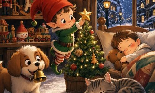 A mischievous Christmas elf with a round face, bright eyes, and a sly smile, wearing a pointed red hat and green jacket, stands on tiptoe placing a small golden star atop a mini tree; to the elf's left a floppy-eared plush dog holds a shiny bell in its mouth, a gray tabby cat sleeps curled on a red stocking by the tree with a paw on it, and a bundled child sleeps peacefully to the right clutching a brown teddy bear while snow falls outside a frosted window; the wooden Christmas shop background has painted toy shelves, warm yellow garlands, a snowy street and soft lamplight, creating a tender nighttime scene with warm colors, soft contrasts and moonlight silvering the snow.