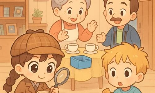 Een 10-jarige meisje, detective in de dop, met glanzende grote ogen, bruine vlechten en een kleine ronde pet, glimlacht vastberaden terwijl ze met een beige schetsboek en een metalen loep op de kruimels van een koekje op de grond kijkt; een 9-jarige buurjongen met warrig blond haar en een nieuwsgierige, licht komische blik staat naast haar en kijkt naar een lege blauwe koekjesdoos terwijl hij een half gegeten koekje vasthoudt; mevrouw Noor, een vriendelijke vrijwilligster van ongeveer 60 met grijs haar in een losse knot, staat achter een tafel met kopjes en de blauwe doos, handen licht verheven en verrast; meneer Kadir, een 40-jarige postbode-fotograaf met een dunne snor en een camera om zijn hals, wijst verontschuldigend naar een deur met het bordje "opslag", waarachter gestapelde stoelen en de gevonden blauwe doos zichtbaar zijn. De scène speelt zich af in een licht buurthuis met lichte houten muren, een grote knutseltafel met verfpotjes, rekken vol papier en foto's; de sfeer is warm en luchtig met pastelkleuren, suikerkrulletjes op de vloer, een foto van de maan op tafel en kleine tekenachtige uitdrukkingsbubbels boven de personages die verrassing en opluchting benadrukken.