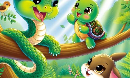 Un piccolo serpente di nome Serpentino, con squame verdi brillanti e occhi curiosi, si trova su un ramo, con un sorriso gioioso. Sta aiutando una piccola tartaruga di nome Titti, con un guscio colorato e occhi dolci, sostenendola con la sua coda per farla scendere da un alto albero. Accanto a loro, una lepre di nome Gigi, con un pelo marrone morbido e grandi orecchie attente, li guarda con ammirazione, pronta a incoraggiarli. La scena si svolge in una foresta incantata, con i raggi del sole che filtrano tra le foglie verdi, illuminando un terreno coperto di fiori colorati e felci lussureggianti. Gli uccelli cantano gioiosamente tra i rami, aggiungendo un tocco di magia all'atmosfera. La situazione principale mostra Serpentino in azione, aiutando Titti a scendere dall'albero, illustrando così la forza dell'amicizia e il coraggio del piccolo serpente in un momento di solidarietà e felicità.