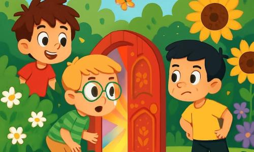 Ci sono 3 personaggi: Leo, un bambino di 5 anni con capelli castani disordinati e occhi vivaci, indossa una maglietta rossa e pantaloni blu, sorride curiosamente guardando una piccola porta rossa nascosta dietro un cespuglio di margherite; Marco, un bambino di 5 anni con capelli biondi e occhiali tondi, indossa una camicia a righe verdi e pantaloni beige, si piega in avanti con un'espressione di meraviglia osservando la luce colorata che fuoriesce dalla porta; Tommaso, un bambino di 5 anni con capelli neri e lentiggini sul naso, indossa una maglietta gialla e pantaloni neri, si tiene un po' indietro con le mani sui fianchi, mostrando un'espressione di determinazione, pronto a entrare nel giardino magico. La scena si svolge in un giardino incantevole, pieno di fiori dai colori vivaci: rose rosse, girasoli gialli e violette. Al centro, un laghetto scintillante riflette il cielo blu, circondato da farfalle colorate. La piccola porta rossa, decorata con motivi floreali, brilla al sole, invitando i bambini a scoprire cosa si nasconde dietro. I tre amici sono davanti alla porta magica, affascinati ed emozionati, pronti a entrare in un mondo di colori e avventure, condividendo le loro emozioni e scoprendo la magia dell'amicizia.